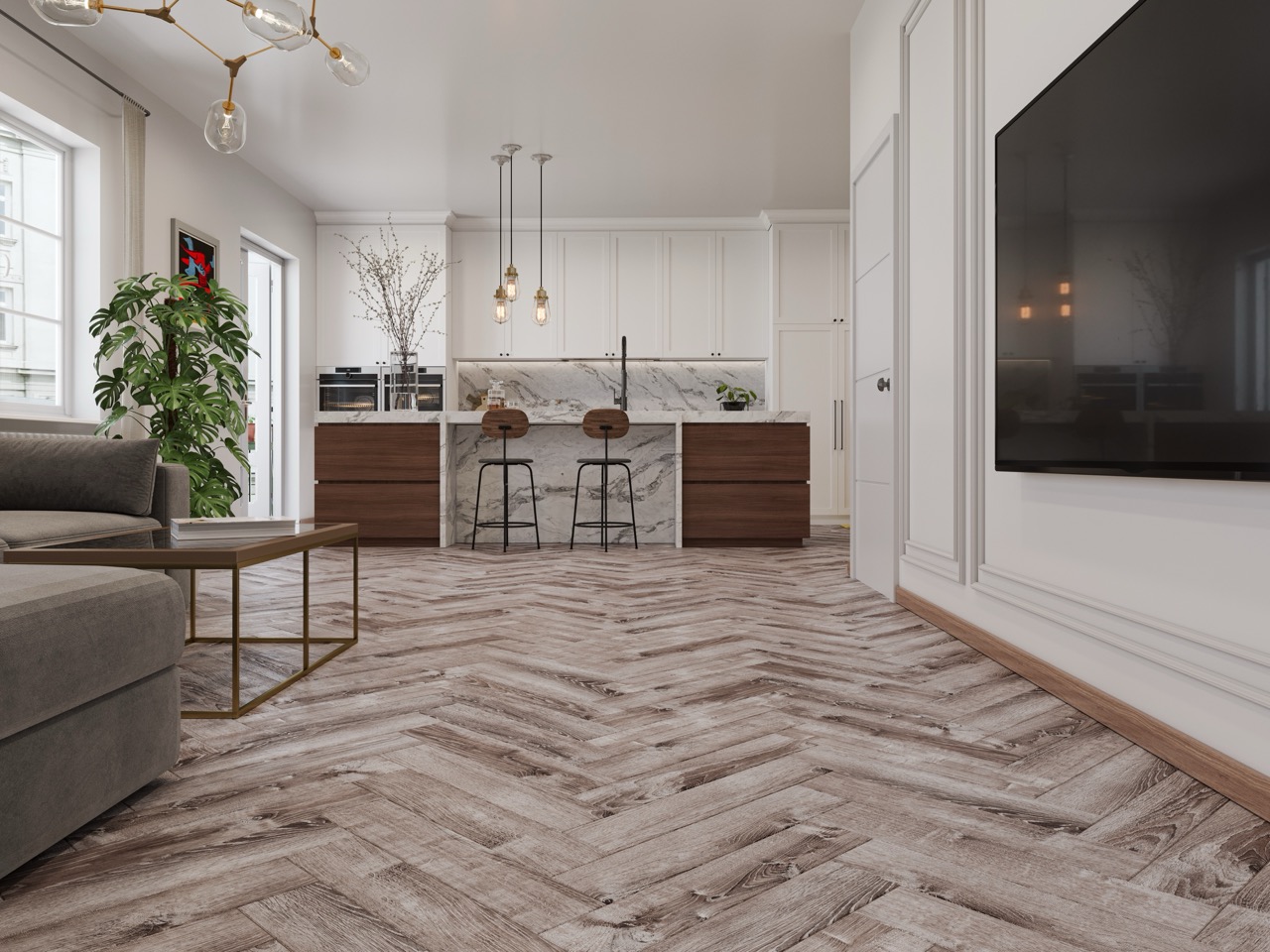 Кварцвиниловый SPC ламинат Cronafloor Herringbone Дуб Тулон H009 венгерская елка 640×128×4,5 фото в интерьере